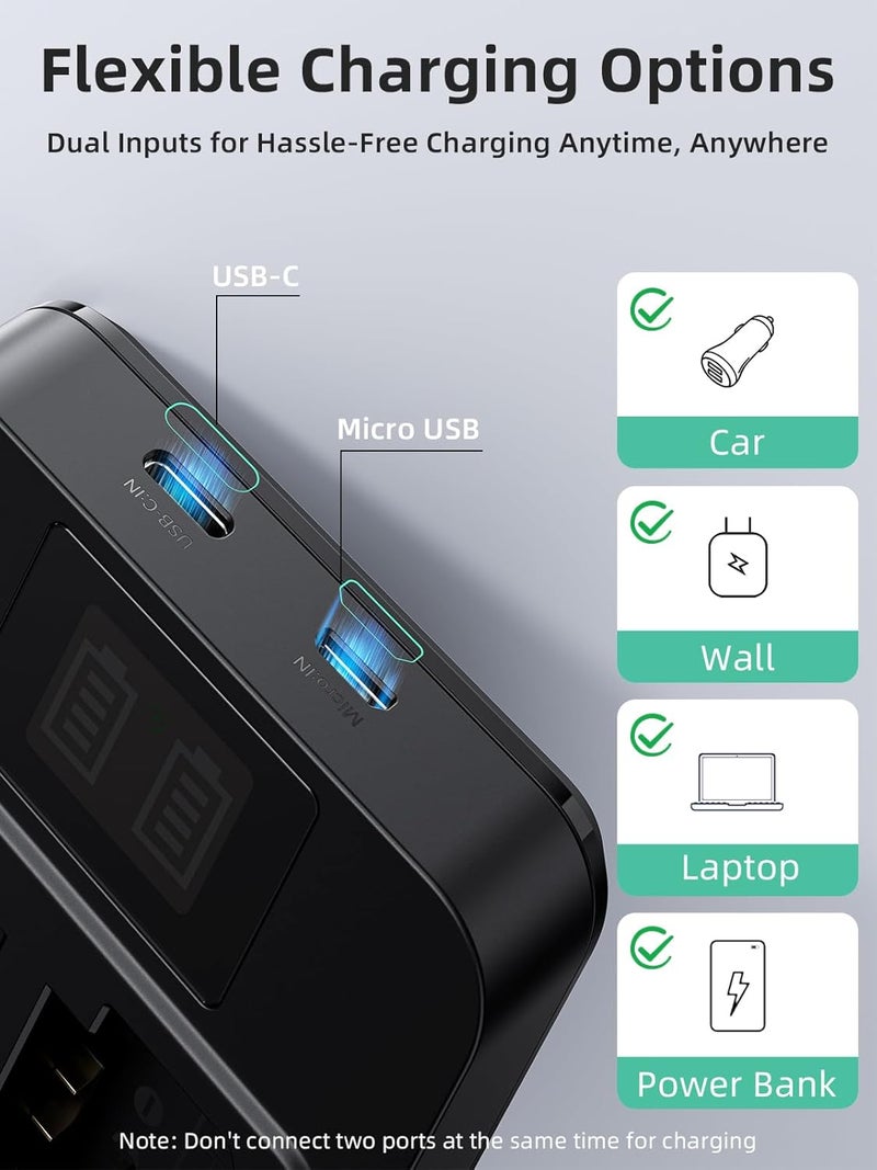 llano 20W NP-FZ100 Fast Battery Charger - Dual Slot for Sony A7III A7IV A6700 FX3 FX30 A7C A7CII A7RV A7RIII A6600 ZV-E1 ZV-E10II A9 A1 FX2 Cameras, USB-C & Micro-USB Inputs,Smart LED Display - Image 4